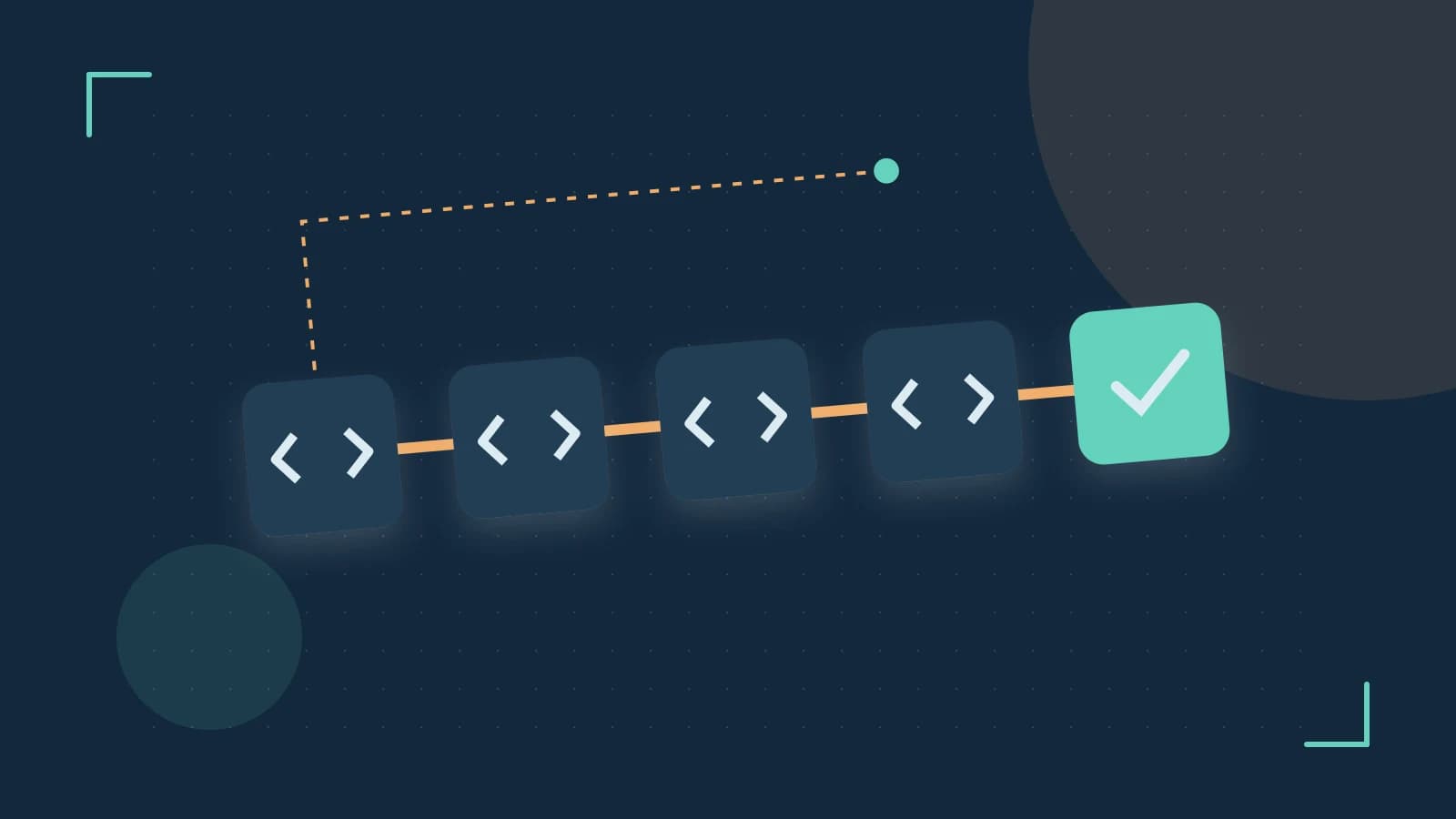 Editorial illustration of a branching build pipeline, staged transformations and a completed check