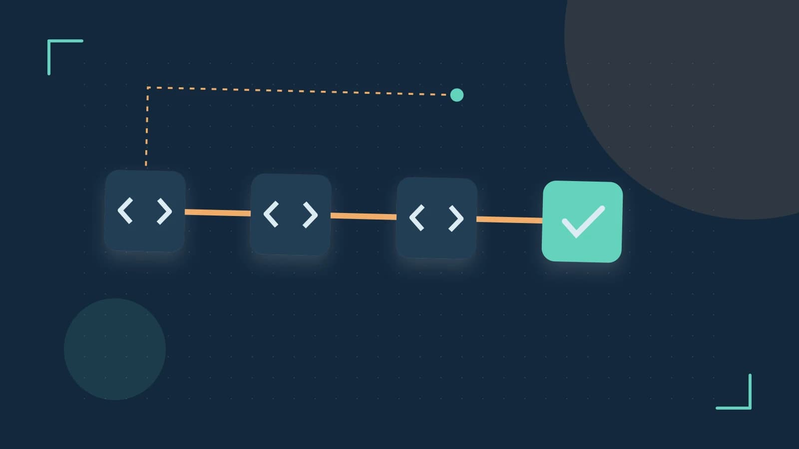 Editorial illustration of a branching build pipeline, staged transformations and a completed check