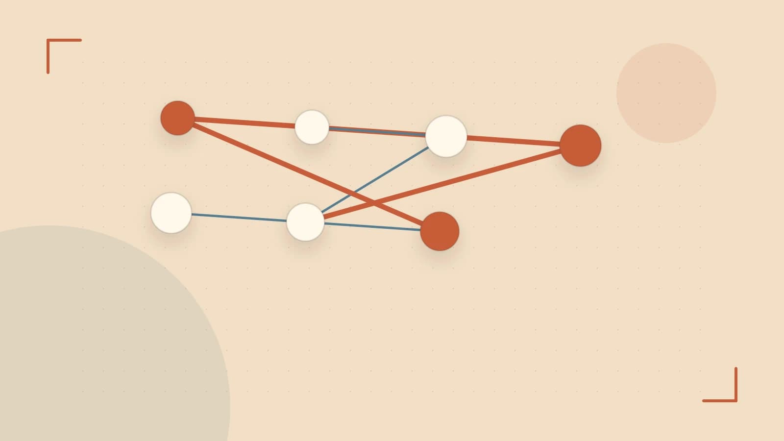 Editorial illustration of an algorithmic node graph with branching paths and a highlighted result
