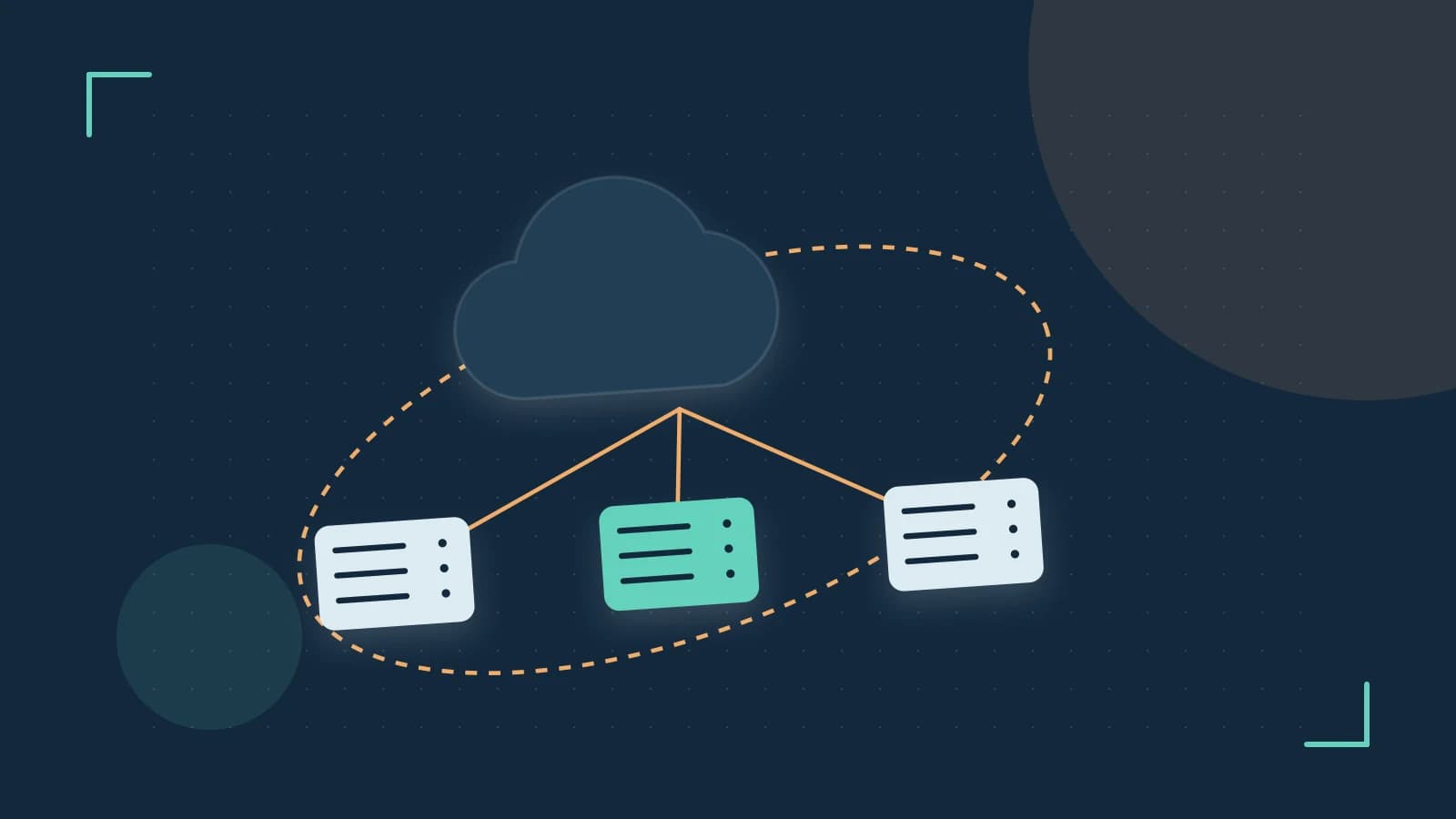 Editorial illustration of cloud infrastructure, connected server racks and an orbital service map