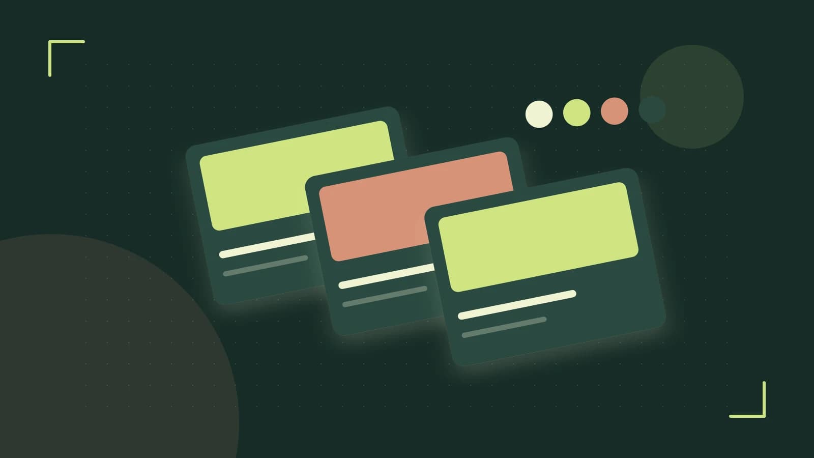 Editorial illustration of responsive browser layouts, overlapping design components and a color system