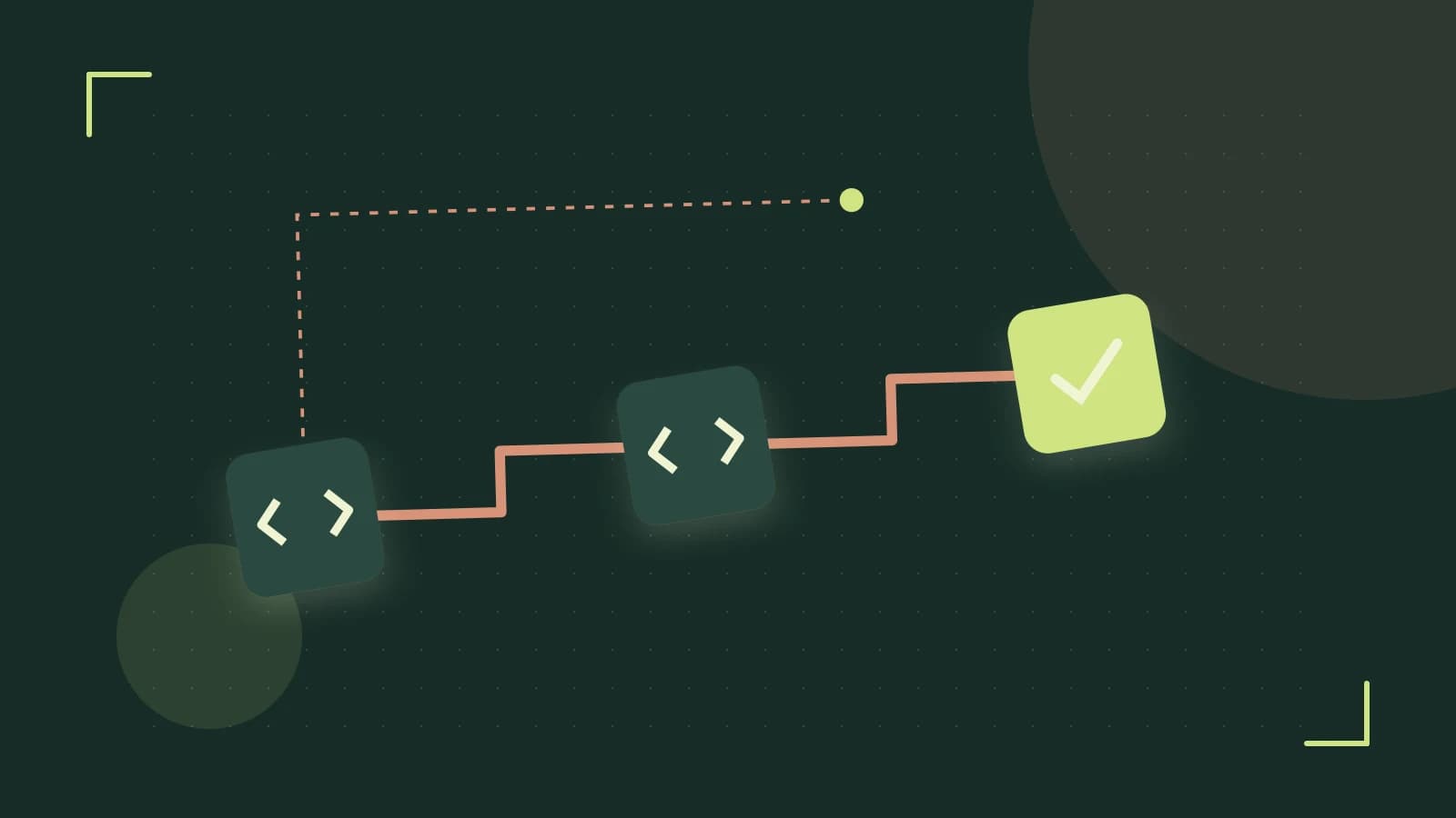 Editorial illustration of a branching build pipeline, staged transformations and a completed check