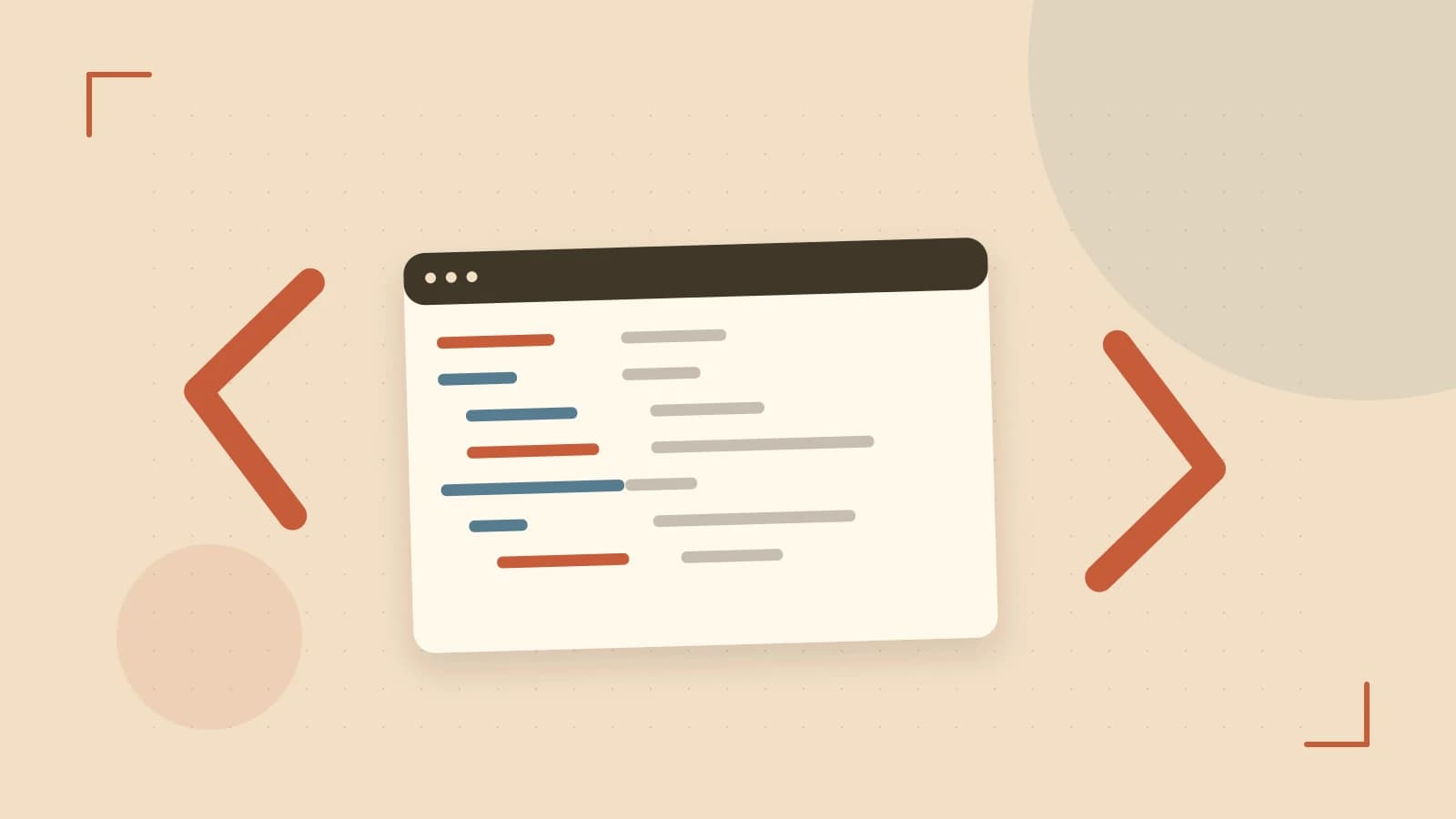 Editorial illustration of an abstract code editor, syntax blocks and oversized programming brackets