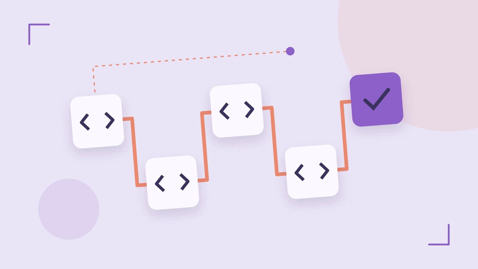 Editorial illustration of a branching build pipeline, staged transformations and a completed check
