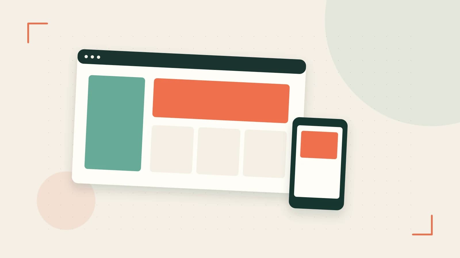 Editorial illustration of responsive browser layouts, overlapping design components and a color system