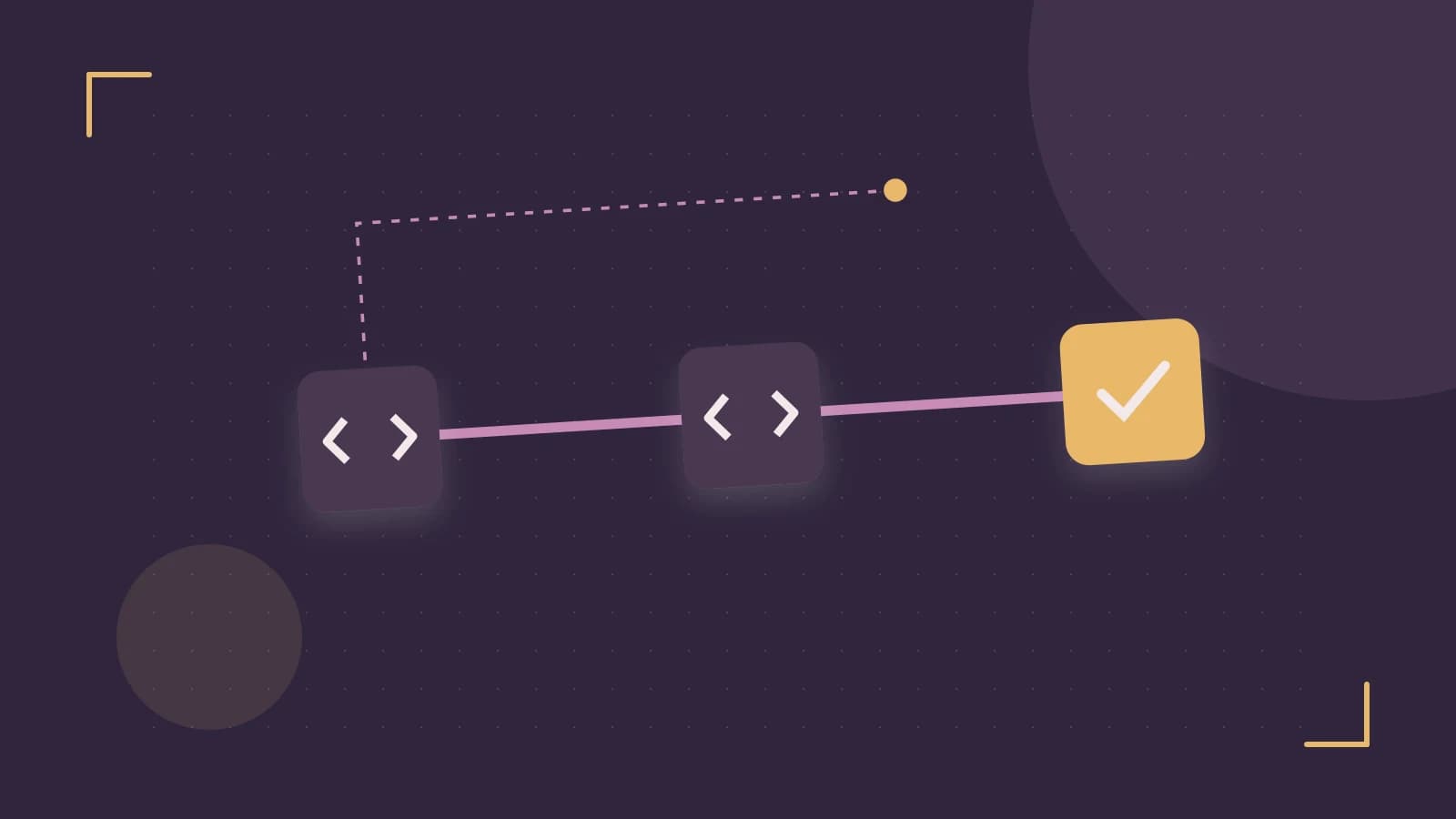 Editorial illustration of a branching build pipeline, staged transformations and a completed check