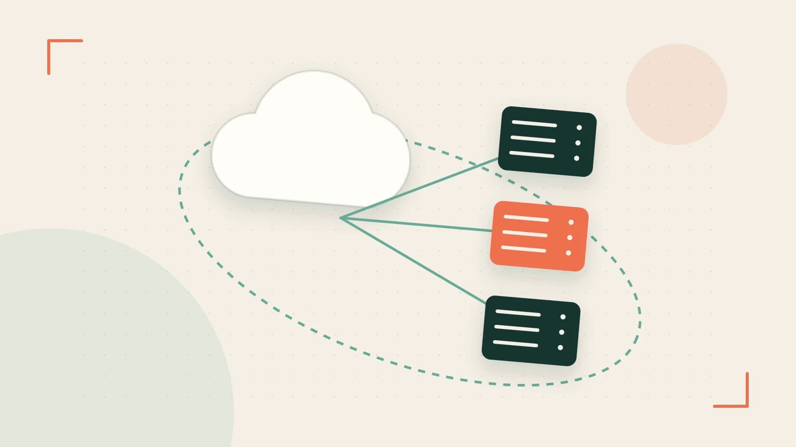 Editorial illustration of cloud infrastructure, connected server racks and an orbital service map