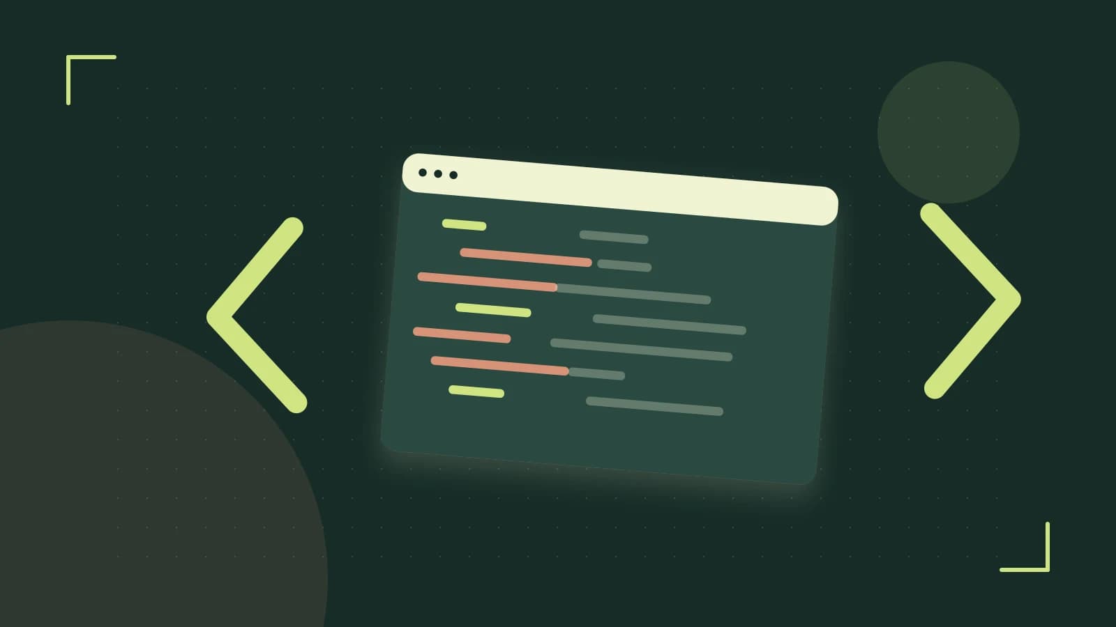 Editorial illustration of an abstract code editor, syntax blocks and oversized programming brackets