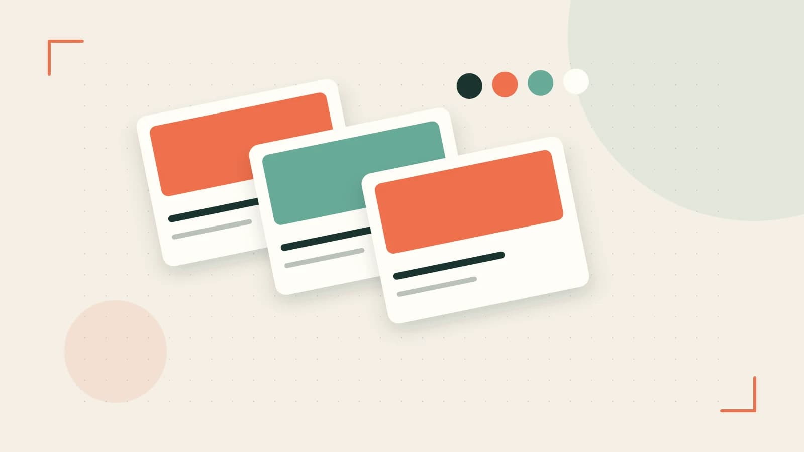 Editorial illustration of responsive browser layouts, overlapping design components and a color system