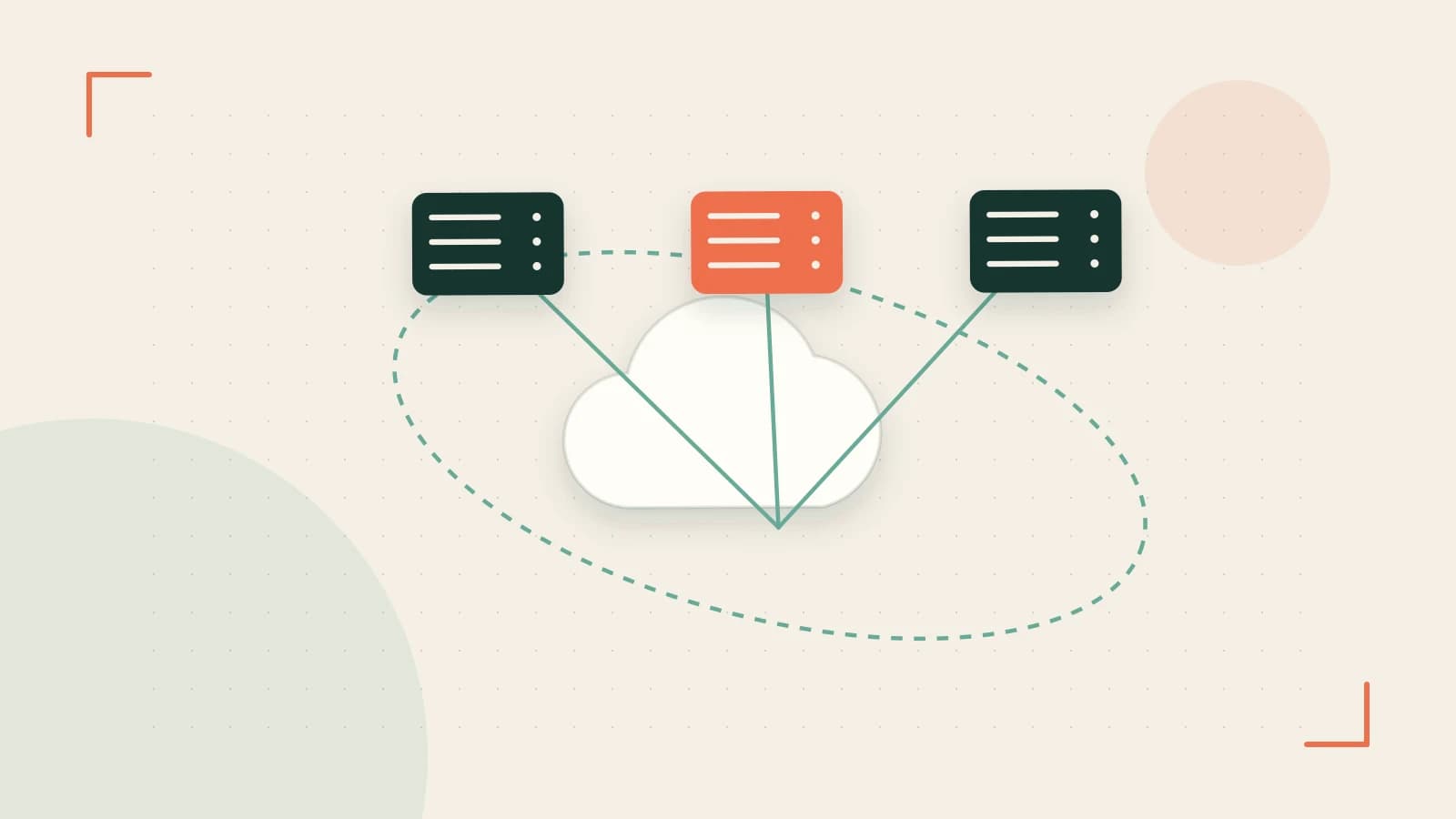 Editorial illustration of cloud infrastructure, connected server racks and an orbital service map