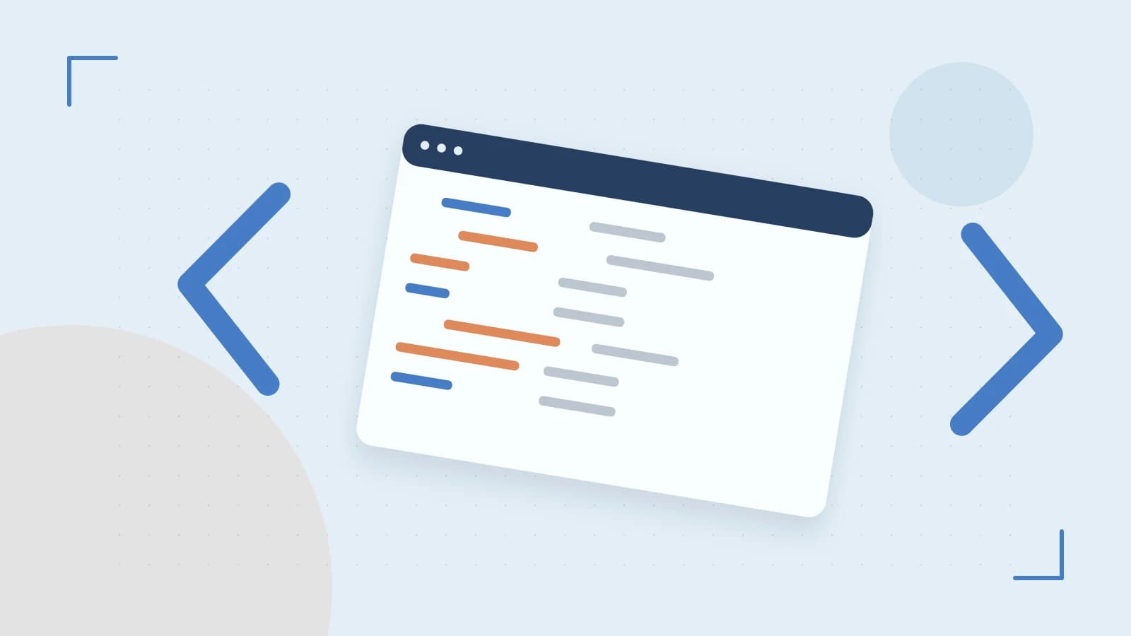 Editorial illustration of an abstract code editor, syntax blocks and oversized programming brackets