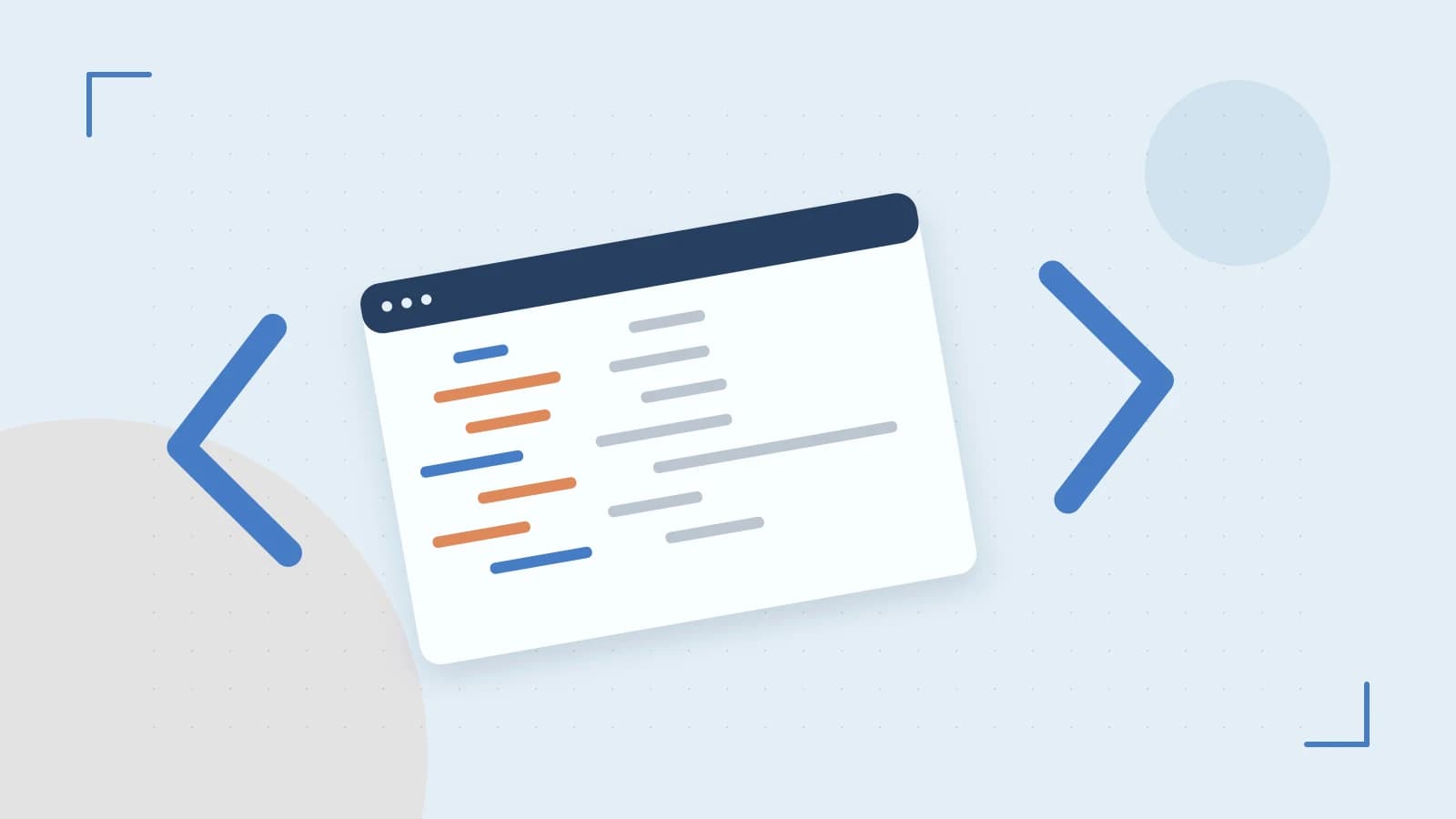 Editorial illustration of an abstract code editor, syntax blocks and oversized programming brackets