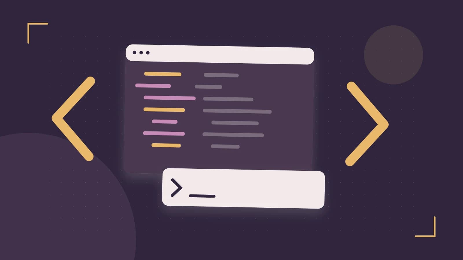 Editorial illustration of an abstract code editor, syntax blocks and oversized programming brackets