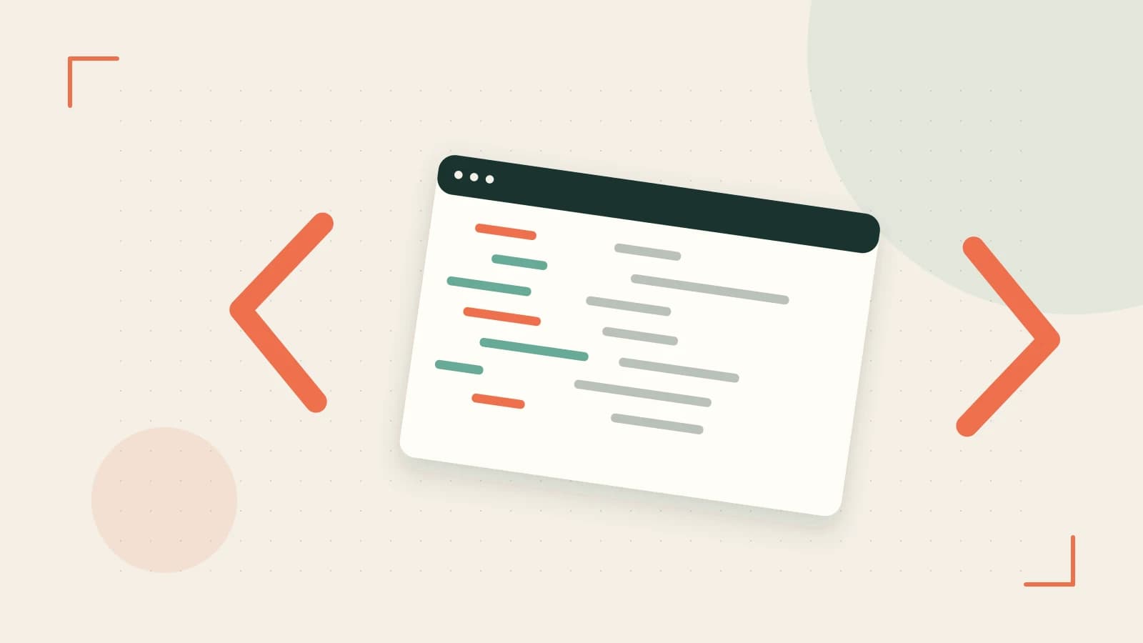 Editorial illustration of an abstract code editor, syntax blocks and oversized programming brackets