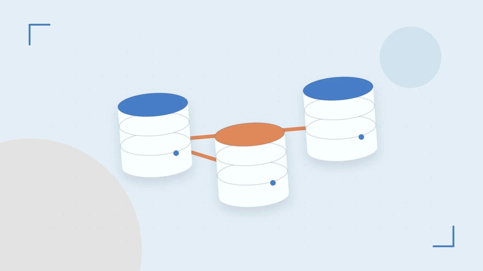 Editorial illustration of structured records, database cylinders and relationships between tables