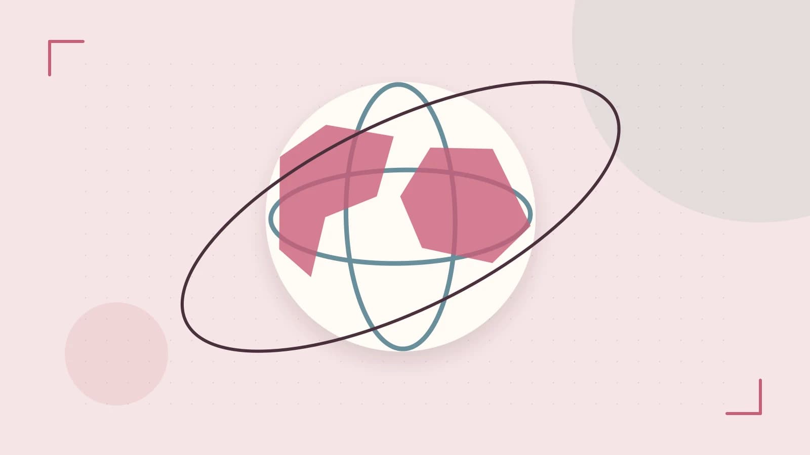 Editorial illustration of an editorial globe with meridians and layered geographic shapes