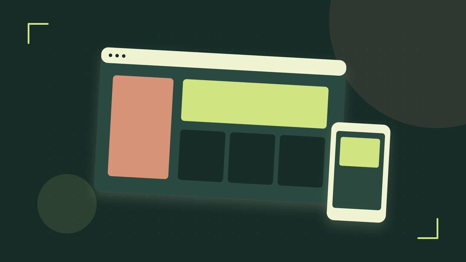 Editorial illustration of responsive browser layouts, overlapping design components and a color system