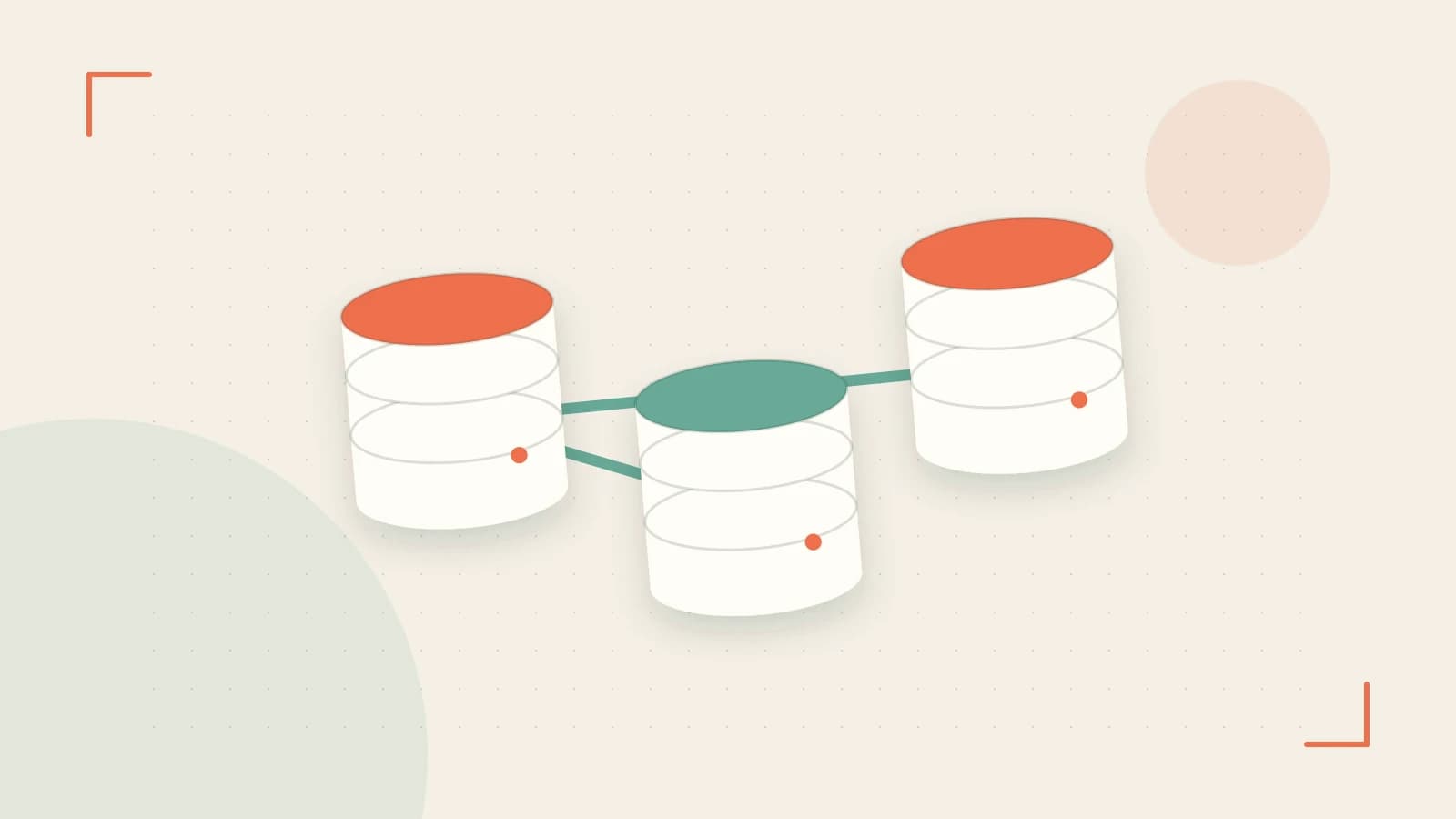 Editorial illustration of structured records, database cylinders and relationships between tables