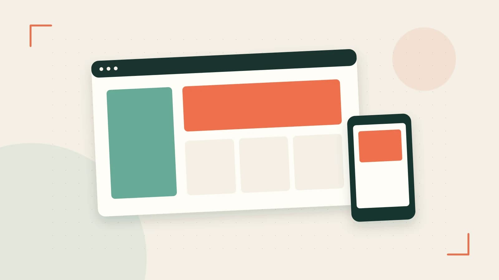 Editorial illustration of responsive browser layouts, overlapping design components and a color system