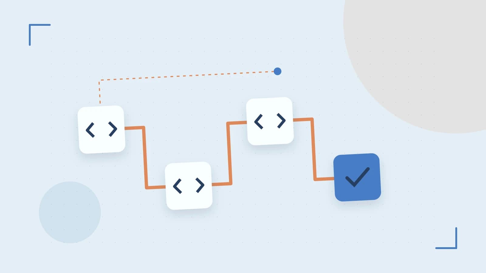 Editorial illustration of a branching build pipeline, staged transformations and a completed check