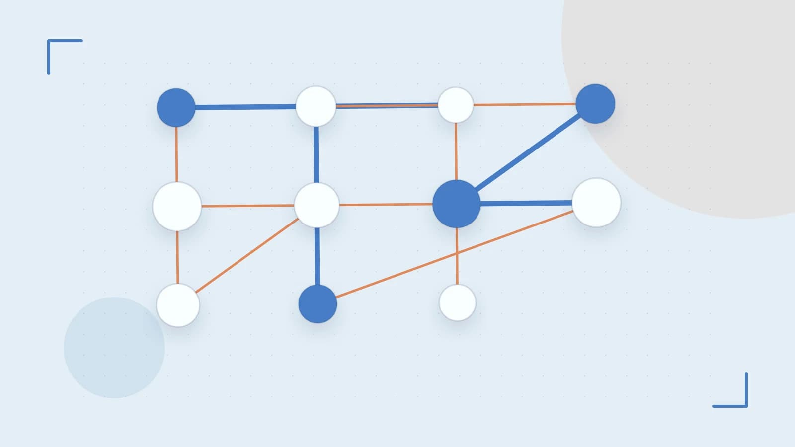 Editorial illustration of an algorithmic node graph with branching paths and a highlighted result