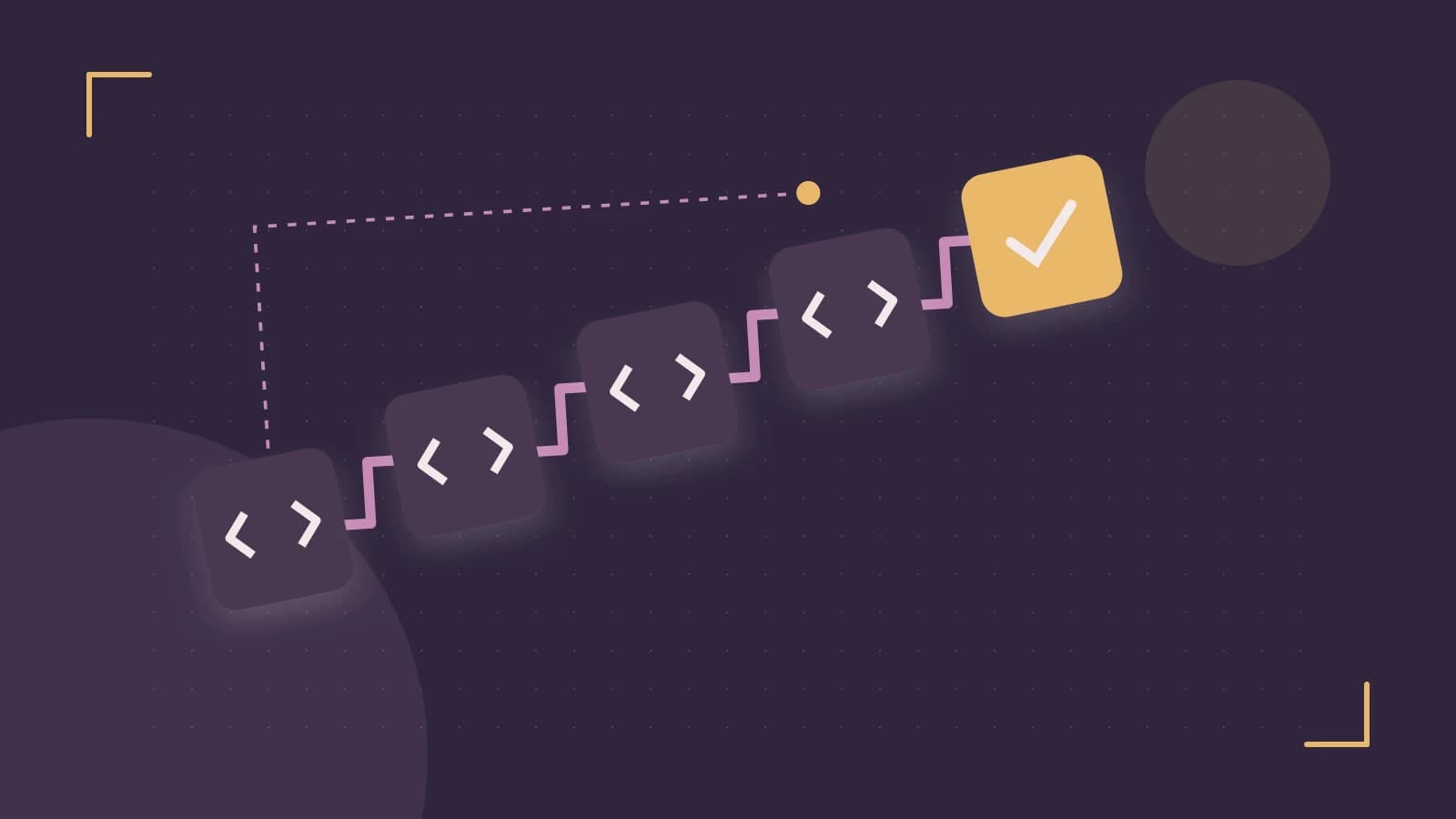 Editorial illustration of a branching build pipeline, staged transformations and a completed check