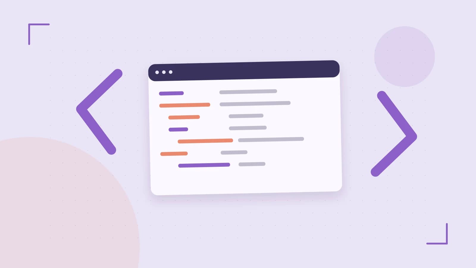 Editorial illustration of an abstract code editor, syntax blocks and oversized programming brackets