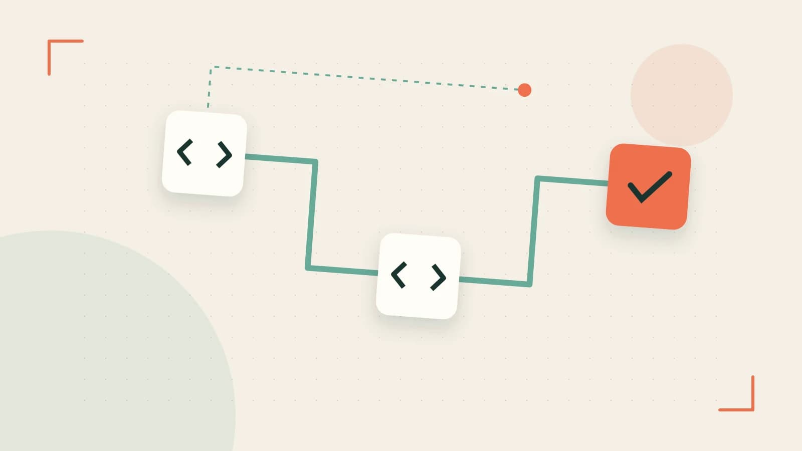 Editorial illustration of a branching build pipeline, staged transformations and a completed check