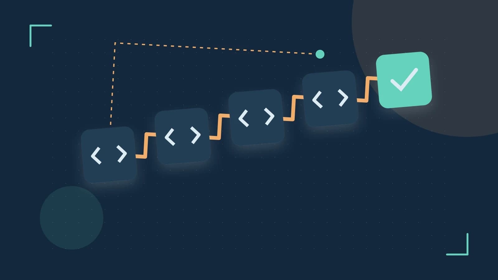 Editorial illustration of a branching build pipeline, staged transformations and a completed check