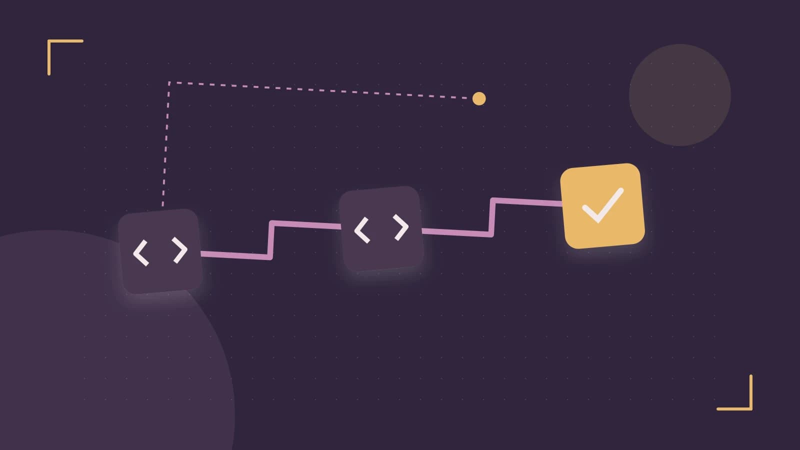 Editorial illustration of a branching build pipeline, staged transformations and a completed check