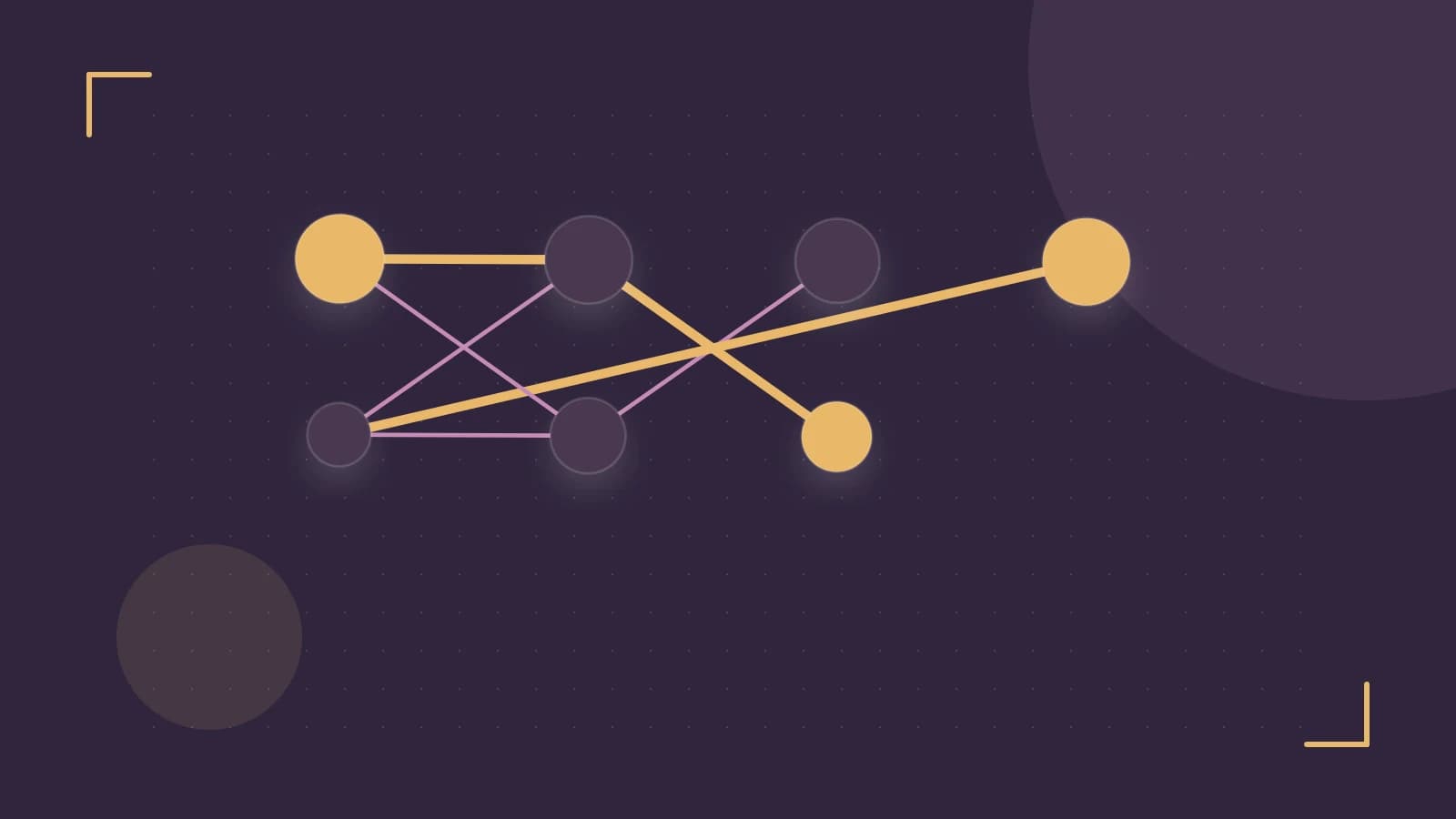 Editorial illustration of an algorithmic node graph with branching paths and a highlighted result