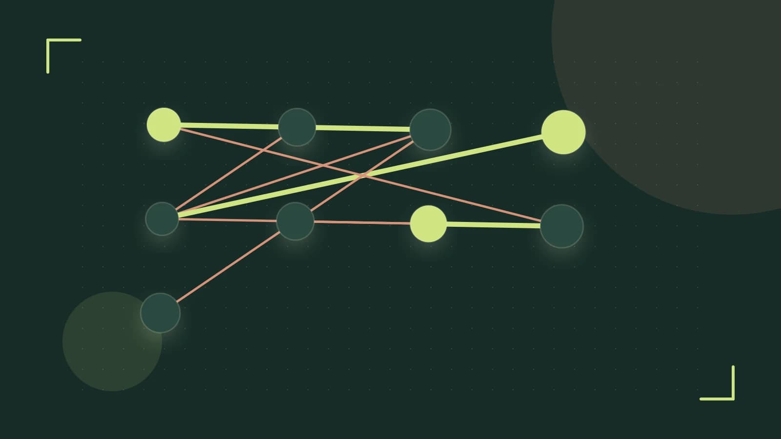 Editorial illustration of an algorithmic node graph with branching paths and a highlighted result