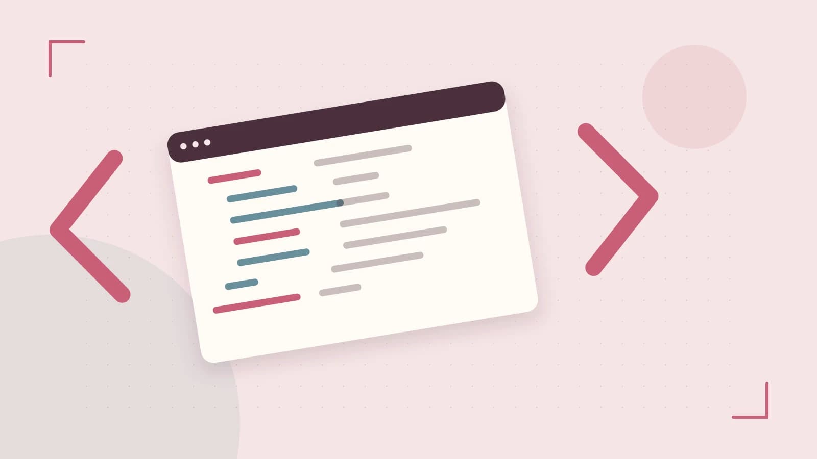 Editorial illustration of an abstract code editor, syntax blocks and oversized programming brackets