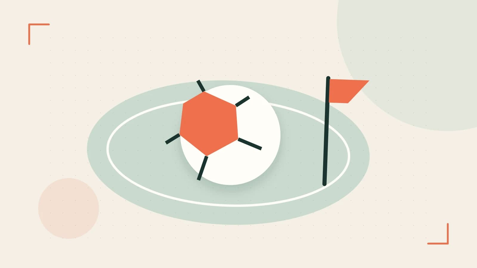 Editorial illustration of a stylized sports ball, stadium geometry and dynamic arcs