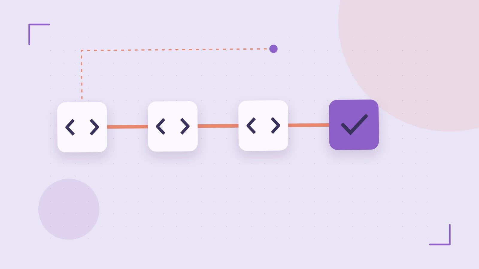 Editorial illustration of a branching build pipeline, staged transformations and a completed check