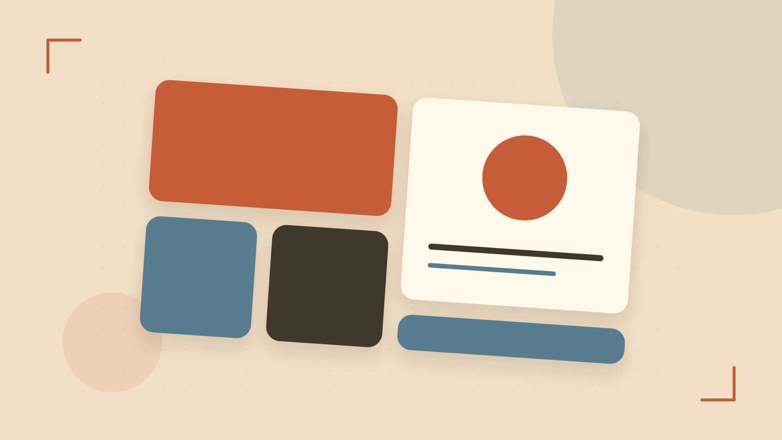 Editorial illustration of responsive browser layouts, overlapping design components and a color system