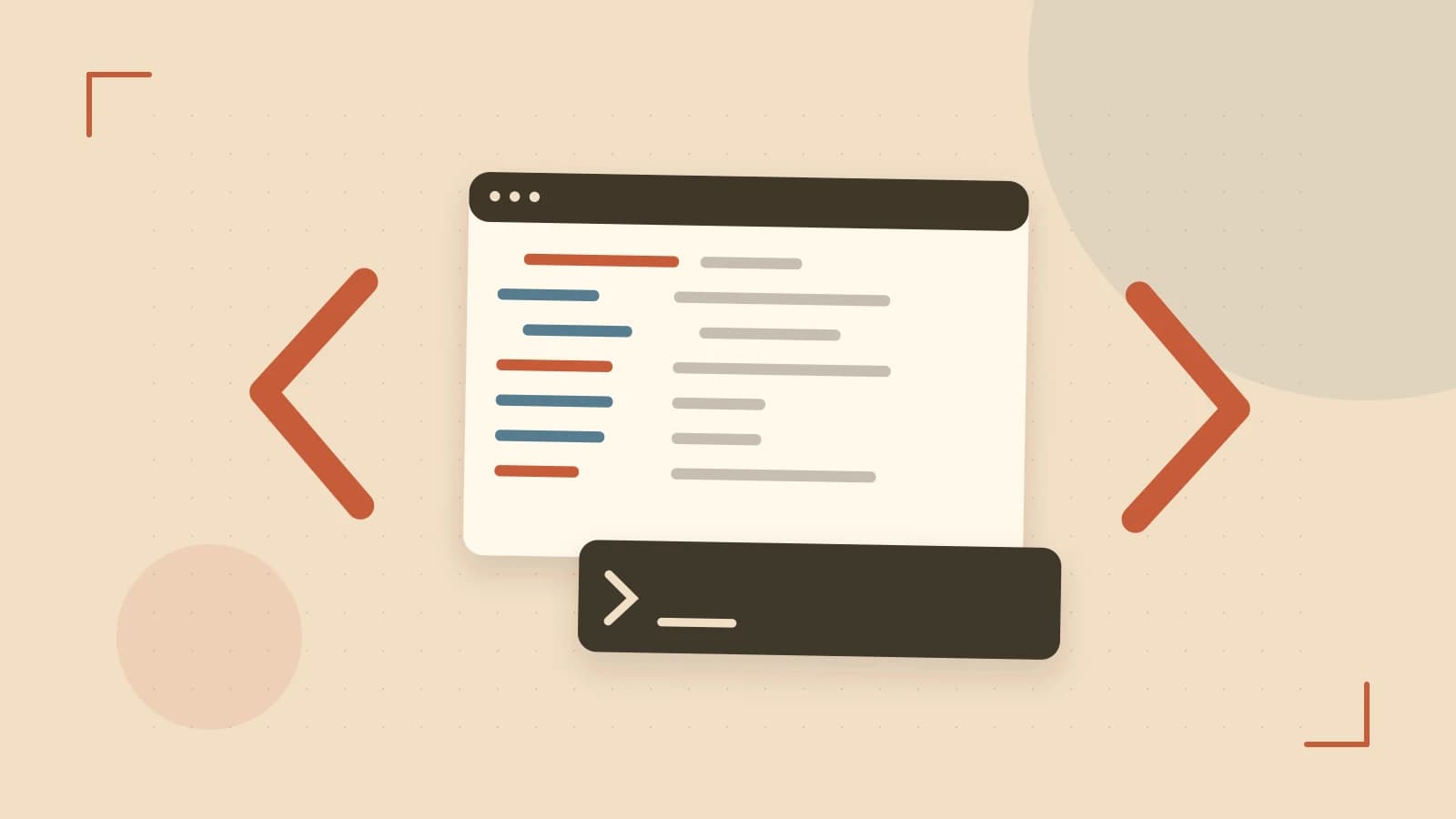Editorial illustration of an abstract code editor, syntax blocks and oversized programming brackets