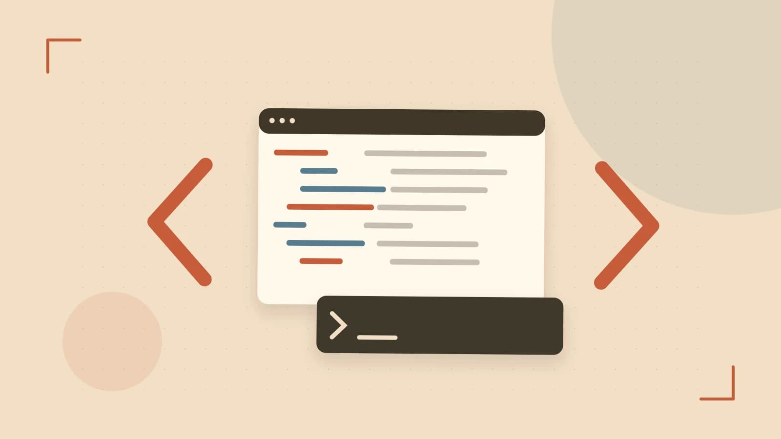 Editorial illustration of an abstract code editor, syntax blocks and oversized programming brackets