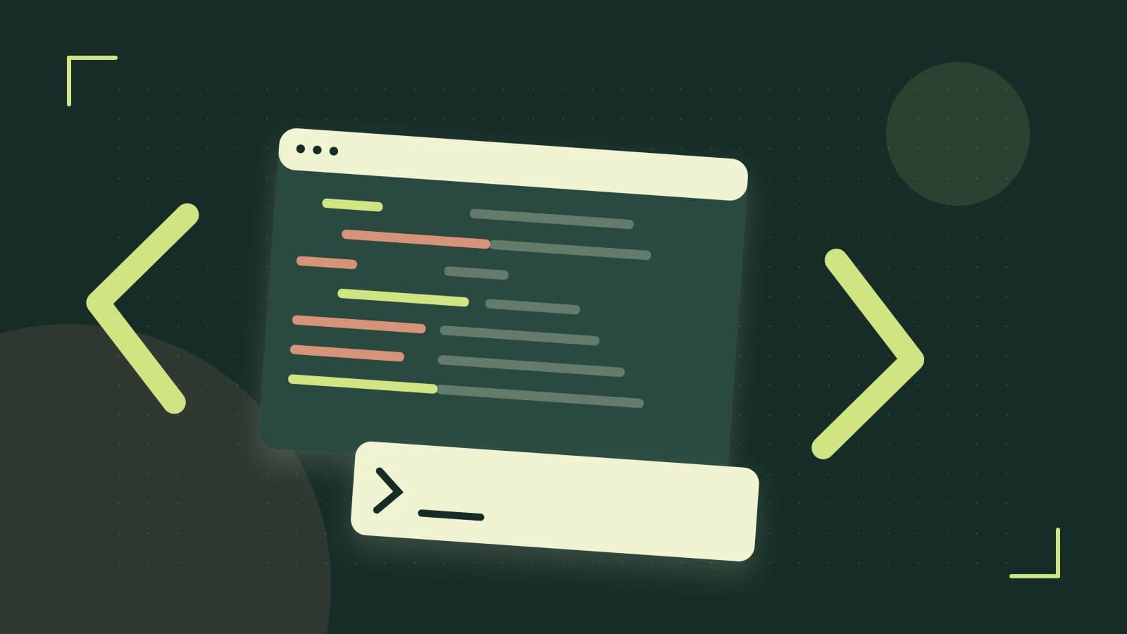 Editorial illustration of an abstract code editor, syntax blocks and oversized programming brackets