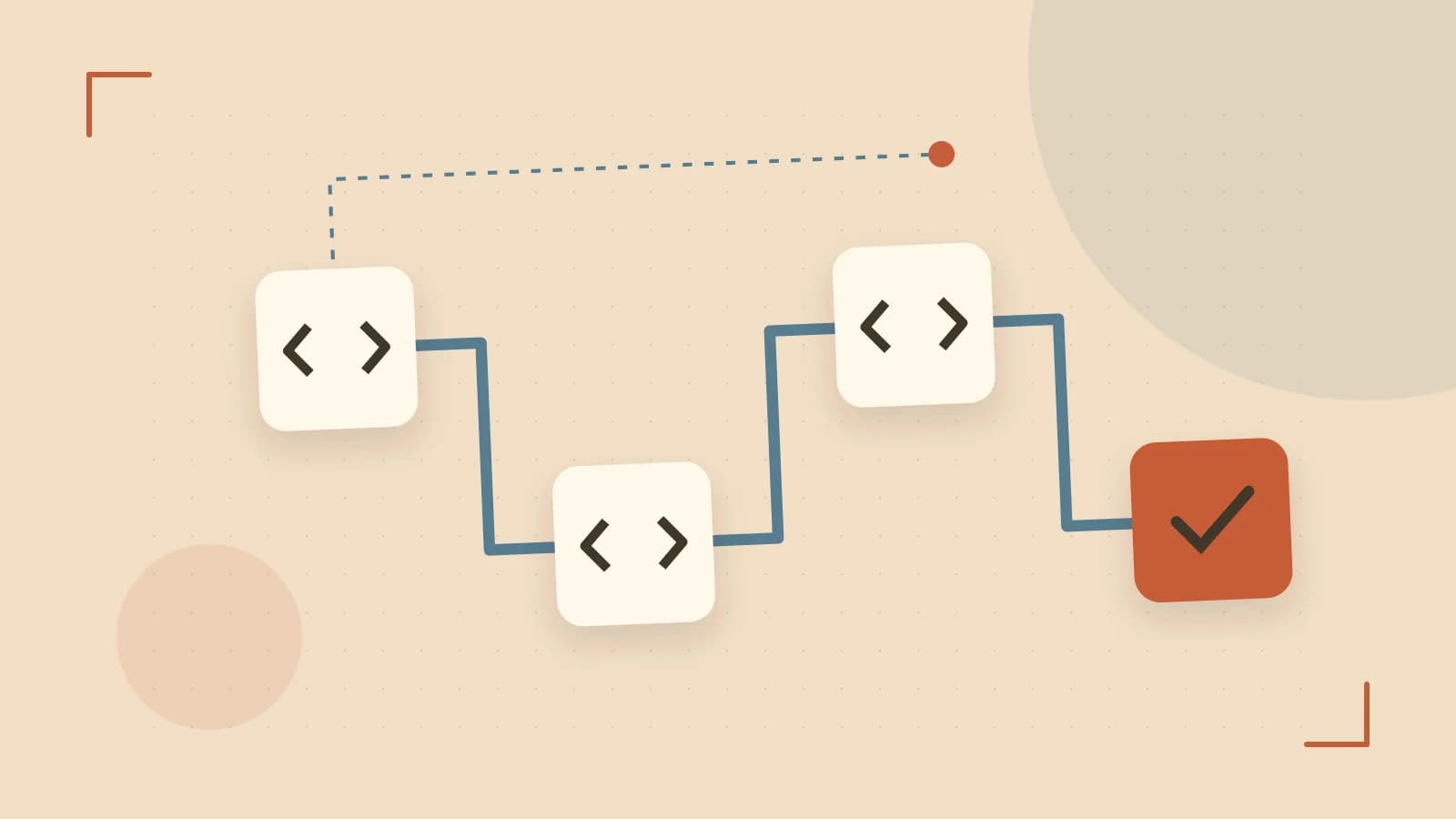 Editorial illustration of a branching build pipeline, staged transformations and a completed check