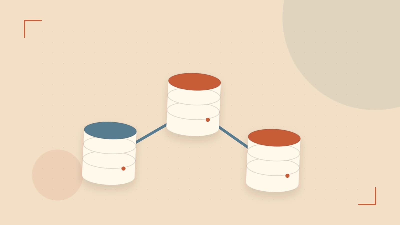 Editorial illustration of structured records, database cylinders and relationships between tables