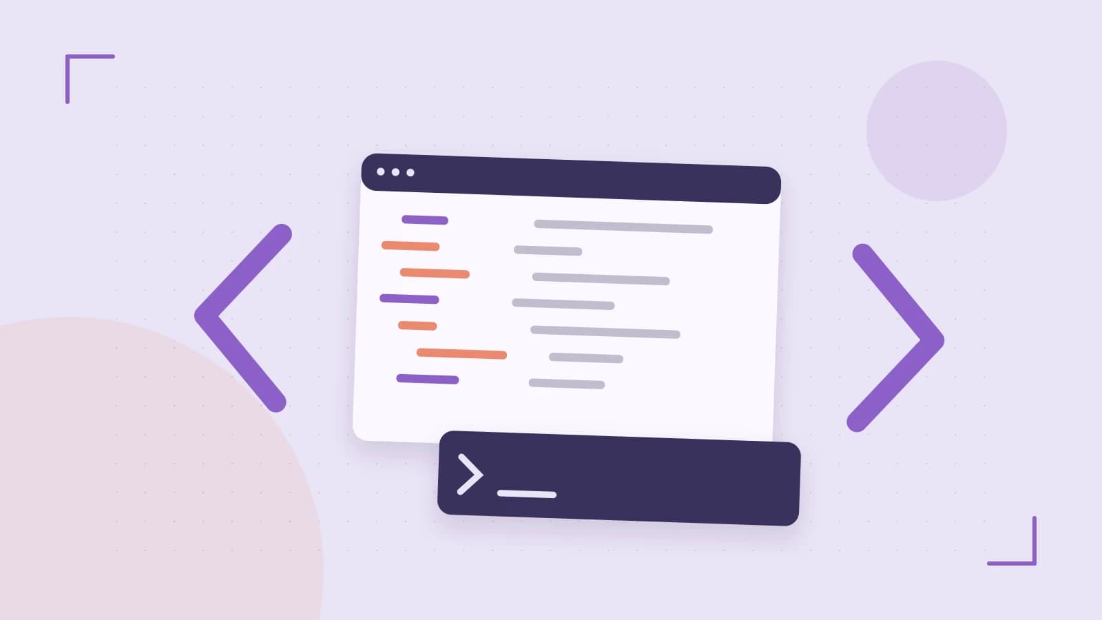 Editorial illustration of an abstract code editor, syntax blocks and oversized programming brackets