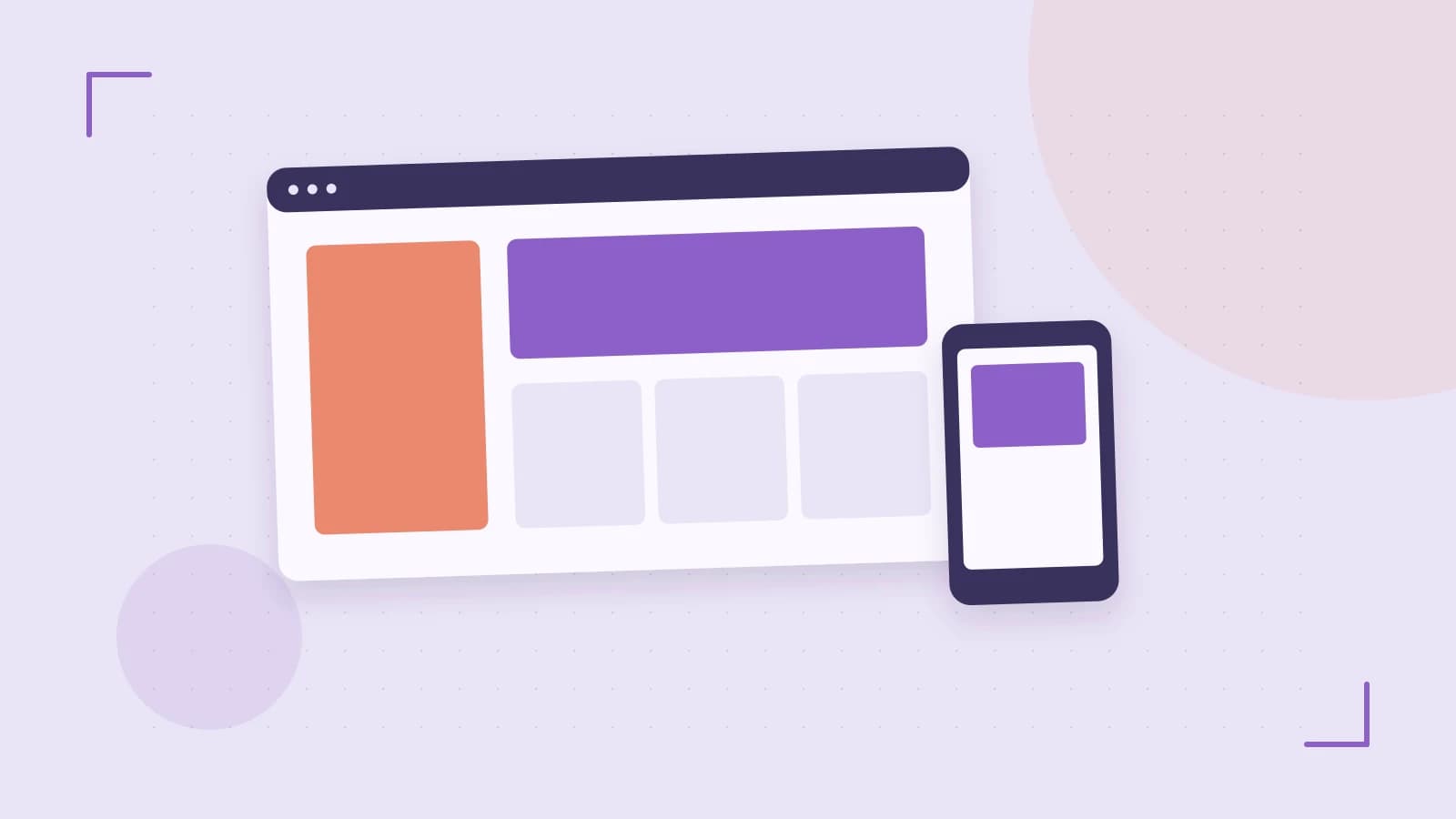 Editorial illustration of responsive browser layouts, overlapping design components and a color system