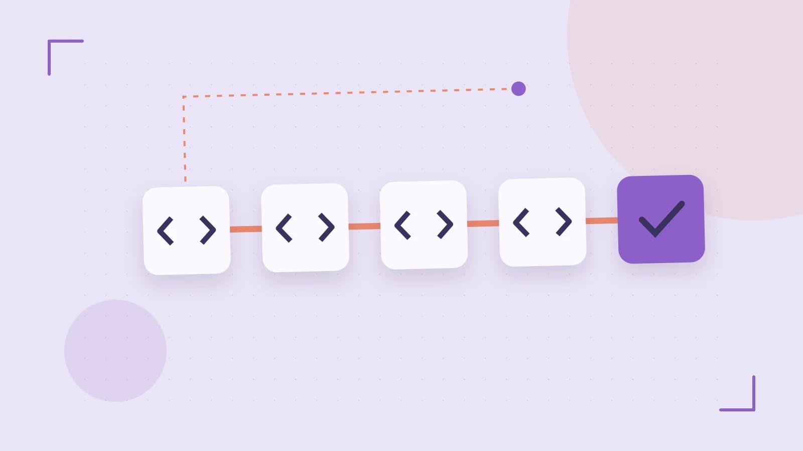 Editorial illustration of a branching build pipeline, staged transformations and a completed check
