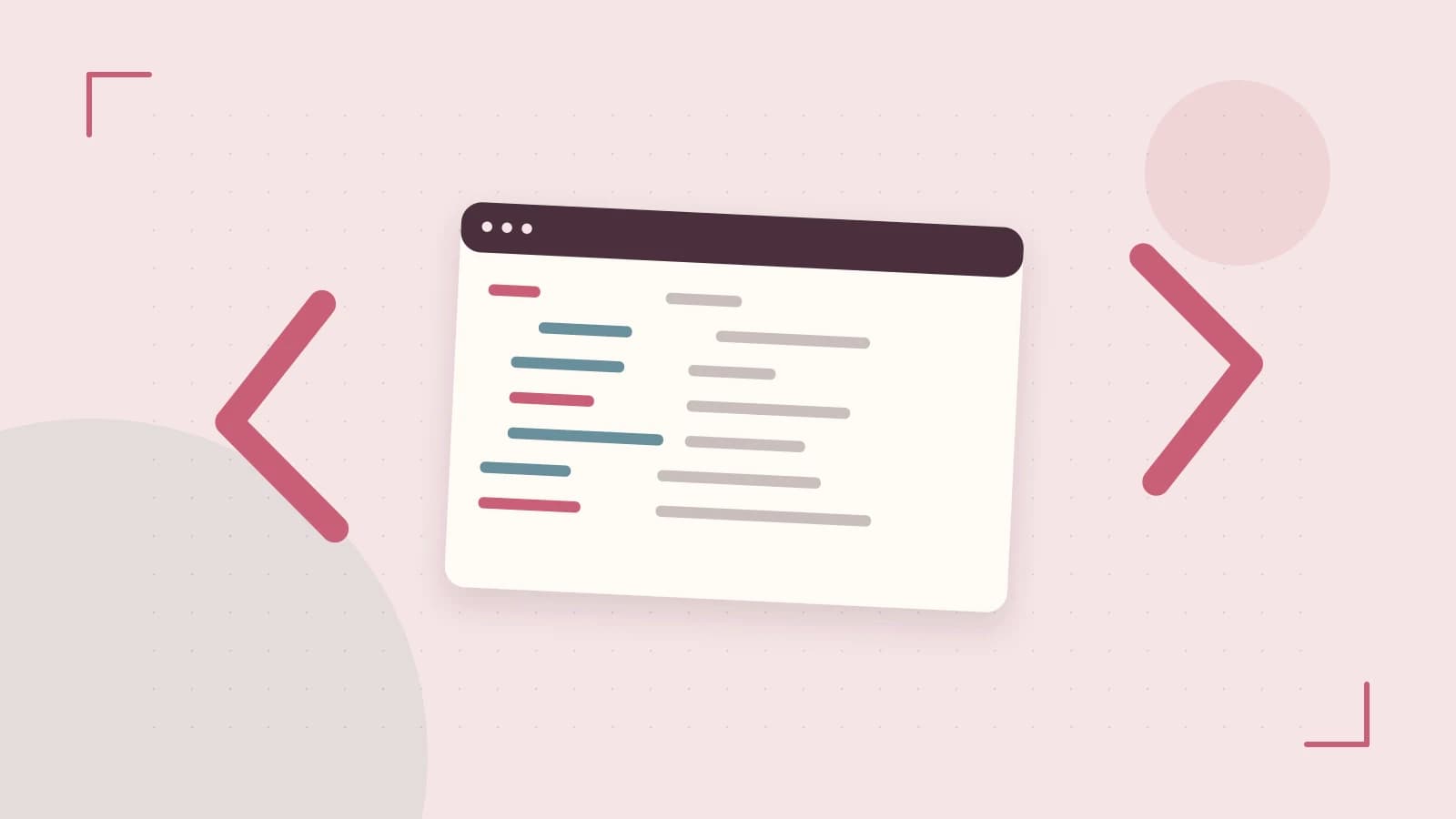 Editorial illustration of an abstract code editor, syntax blocks and oversized programming brackets