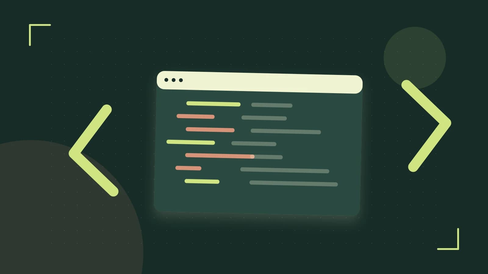 Editorial illustration of an abstract code editor, syntax blocks and oversized programming brackets