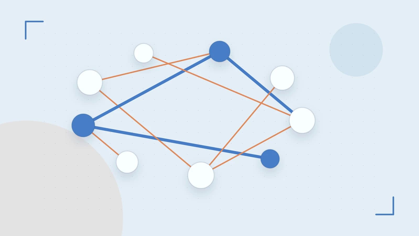 Editorial illustration of an algorithmic node graph with branching paths and a highlighted result