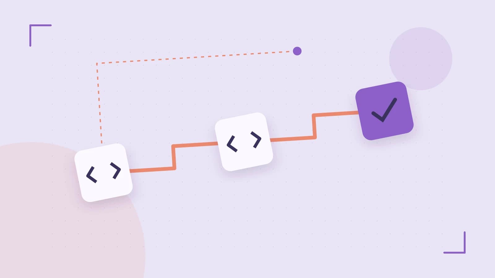 Editorial illustration of a branching build pipeline, staged transformations and a completed check
