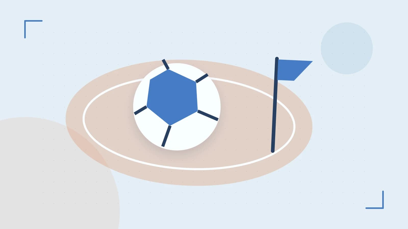 Editorial illustration of a stylized sports ball, stadium geometry and dynamic arcs
