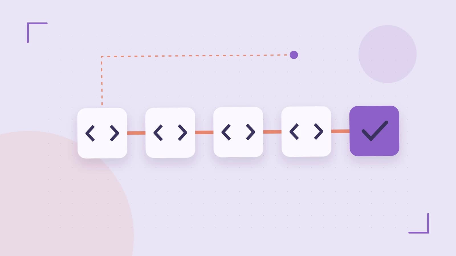 Editorial illustration of a branching build pipeline, staged transformations and a completed check